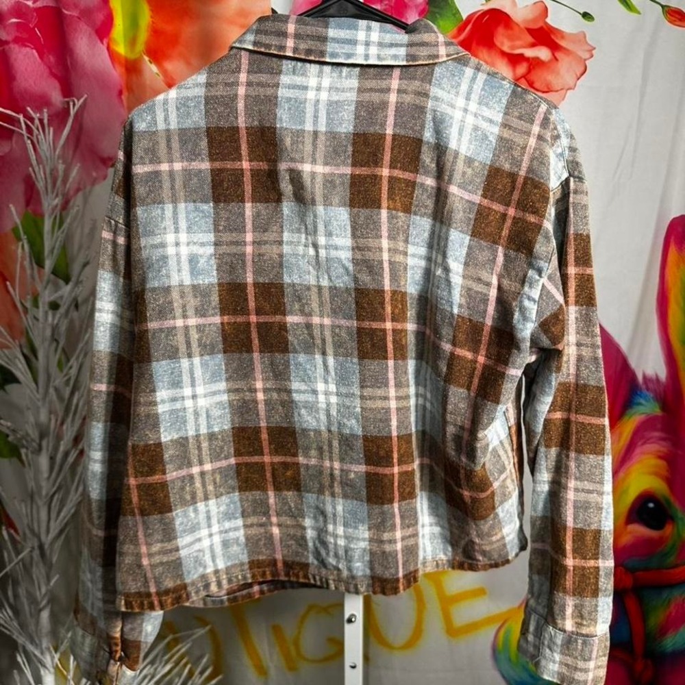 B177. Altar'd state brown + blue plaid button up shirt - Picture 3 of 3